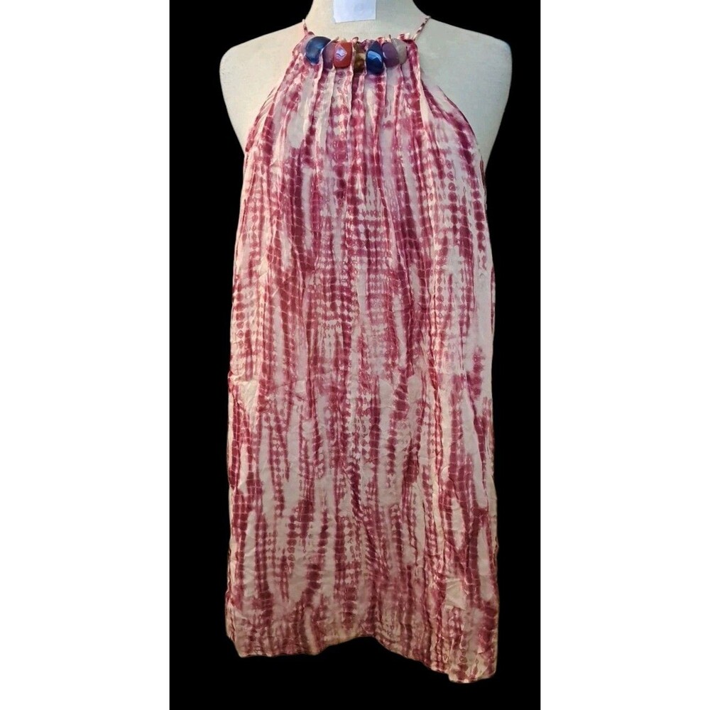 ZARA Beaded Tie-Dye Halter-Neck Viscose Mini Dress Pink Boho Chic Artsy